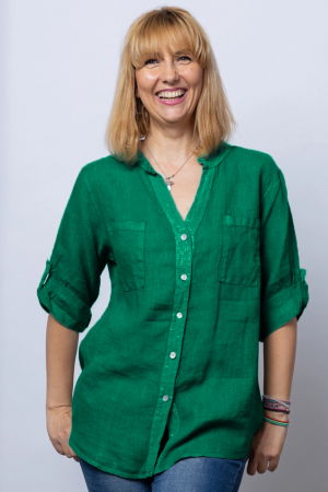 Cămăși din In - Camasa verde din in cu paiete si dantela pe spate