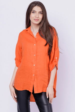Cămăși din In - Camasa portocalie lejera, din in cu fald pe spate