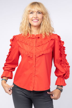 Cămăși Casual - Camasa rosie cu aplicatii din dantela si volanase