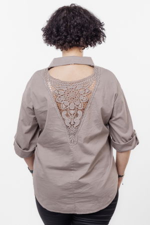 Camasa din poplin de bumbac cu dantela pe spate, bej inchis [1]