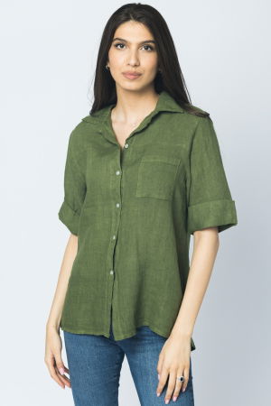 Cămăși din In - Camasa clasica din in cu buzunar pe piept si maneca 3/4, kaki