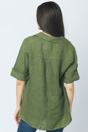 Camasa clasica din in cu buzunar pe piept si maneca 3/4, kaki [2]