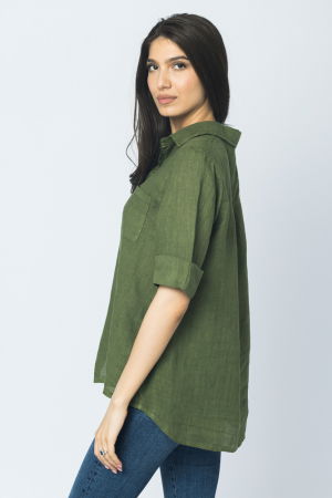 Camasa clasica din in cu buzunar pe piept si maneca 3/4, kaki [1]