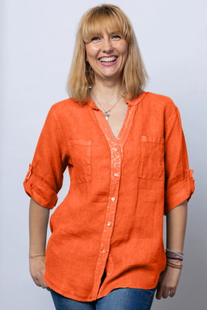 Îmbrăcăminte - Camasa portocalie din in cu paiete si dantela pe spate