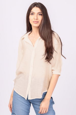 Îmbrăcăminte - Camasa subtire, bej, cu guler clasic, maneca lunga si buzunar pe piept