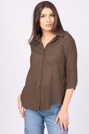 Îmbrăcăminte - Camasa subtire, maro, cu guler clasic si maneca trei sferturi
