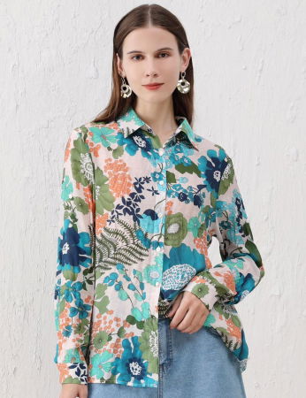 Bluze din Mătase si Vâscoză - Camasa subtire din vascoza, cu guler clasic si imprimeu floral in nuante de turcoaz si verde