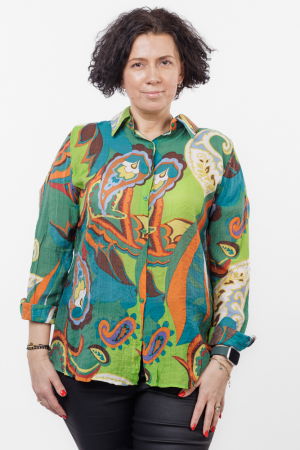 Camasa subtire, cu guler clasic si imprimeu in nuante de verde, abstract [5]