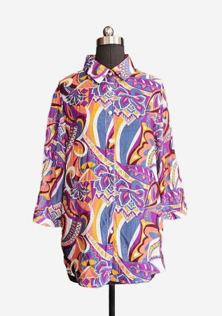 Bluze din Mătase si Vâscoză - Camasa subtire din vascoza, cu guler clasic si imprimeu abstract in nuante de portocaliu si mov