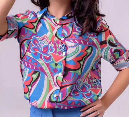 Bluze din Mătase si Vâscoză - Camasa subtire din vascoza, cu guler clasic si imprimeu abstract in nuante de albastru si mov