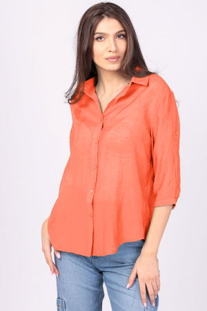 Cămăși Casual - Camasa subtire, portocalie, cu guler clasic, maneca lunga si buzunar pe piept