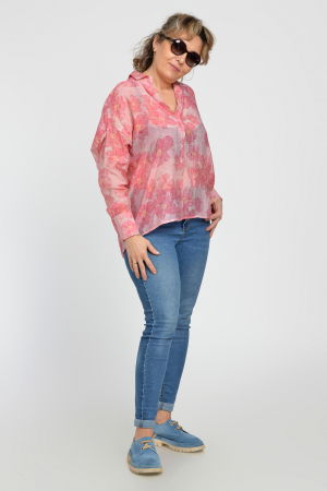 Bluze & Cămăși & Tricouri - Camasa vaporoasa din bumbac, oversize, cu imprimeu floral in nuante de roz