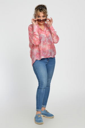 Camasa vaporoasa din bumbac, oversize, cu imprimeu floral in nuante de roz [1]