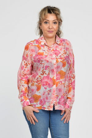 Camasa vaporoasa oversize, cu imprimeu floral roz cu portocaliu [7]