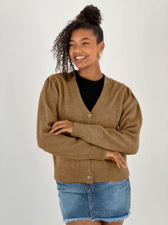 Cardigane - Cardigan cu decolteu in V, din tricotaj camel cu nasturi decorativi aurii