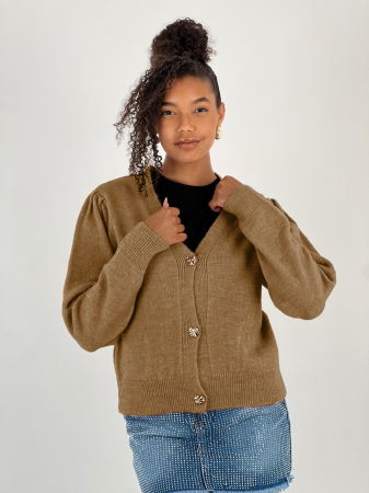 Cardigan cu decolteu in V, din tricotaj camel cu nasturi decorativi aurii [1]
