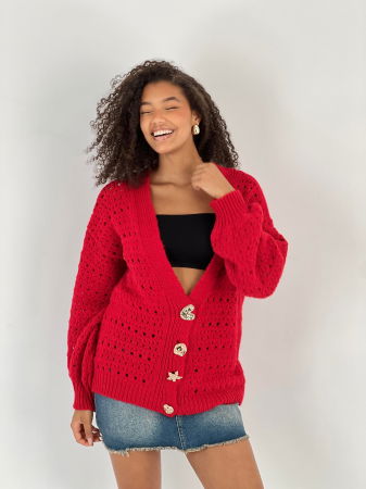 Cardigane - Cardigan cu decolteu in V, din tricotaj rosu cu nasturi decorativi aurii