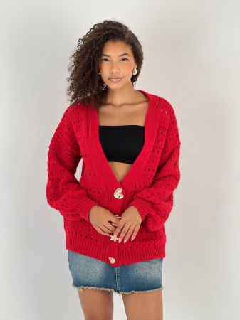 Cardigan cu decolteu in V, din tricotaj rosu cu nasturi decorativi aurii [3]