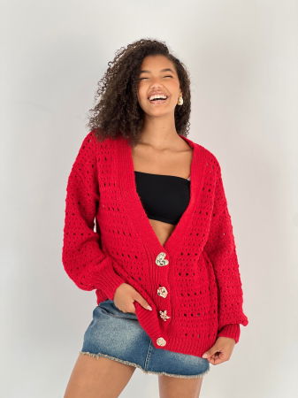 Cardigan cu decolteu in V, din tricotaj rosu cu nasturi decorativi aurii [2]