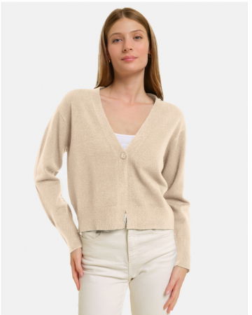 Keus - Cardigan cu decolteu in V, din tricotaj fin, bej