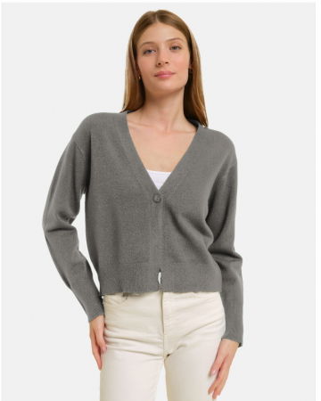 Keus - Cardigan cu decolteu in V, din tricotaj fin, gri