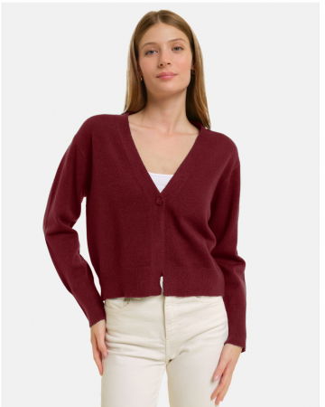 Cardigane - Cardigan cu decolteu in V, din tricotaj fin, bordo