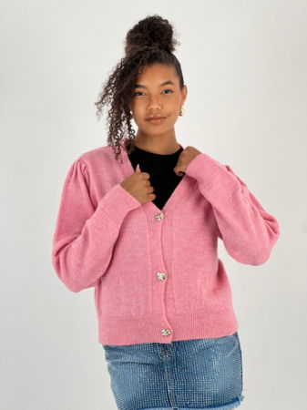 Cardigan cu decolteu in V, din tricotaj roz cu nasturi decorativi aurii [4]