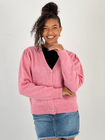 Cardigane - Cardigan cu decolteu in V, din tricotaj roz cu nasturi decorativi aurii