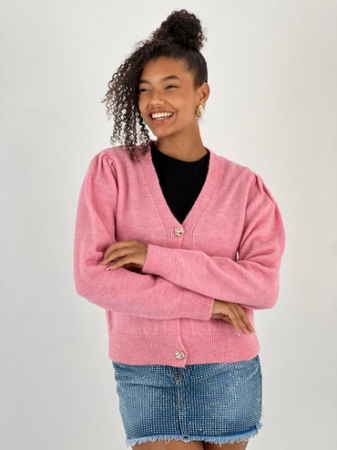 Cardigan cu decolteu in V, din tricotaj roz cu nasturi decorativi aurii [5]