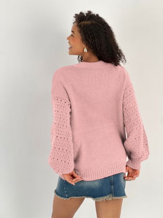 Cardigan cu decolteu in V, din tricotaj roz cu nasturi decorativi aurii [2]