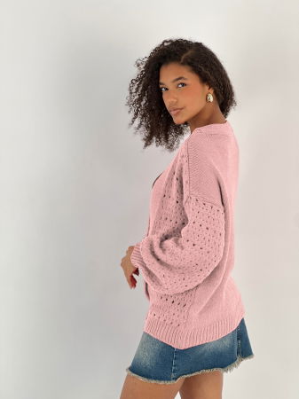 Cardigan cu decolteu in V, din tricotaj roz cu nasturi decorativi aurii [1]