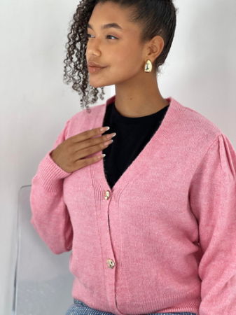Cardigan cu decolteu in V, din tricotaj roz cu nasturi decorativi aurii [2]