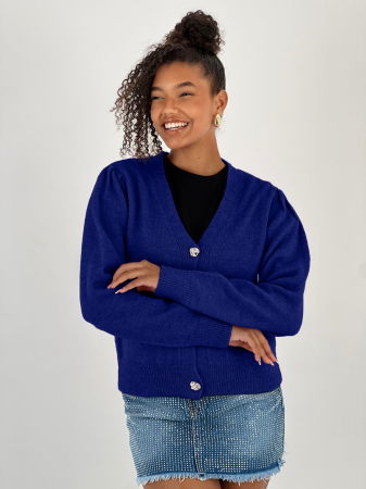 Cardigane - Cardigan cu decolteu in V, din tricotaj albastru cu nasturi decorativi aurii