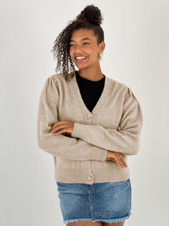 Cardigane - Cardigan cu decolteu in V, din tricotaj bej cu nasturi decorativi aurii