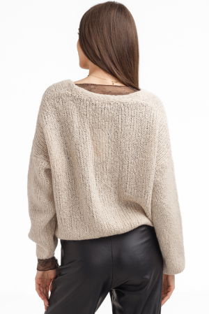 Cardigan dama cu lana si mohair, cu brose decorative – pulover casual chic bej deschis [2]