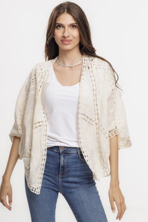 Bluze Casual - Cardigan lejer din bumbac, cu broderie sparta tip dantela, bej