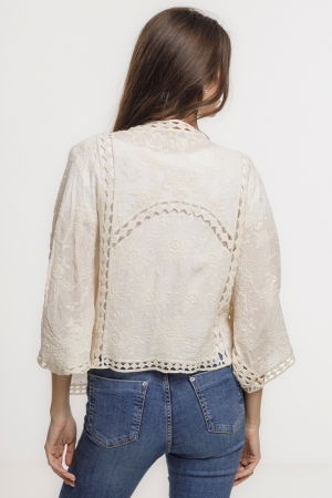 Cardigan lejer din bumbac, cu broderie sparta tip dantela, bej [3]