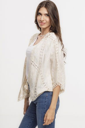 Cardigan lejer din bumbac, cu broderie sparta tip dantela, bej [2]