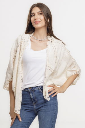 Cardigan lejer din bumbac, cu broderie sparta tip dantela, bej [1]