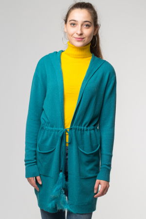 Cardigan turcoaz midi tricotat, cu gluga si buzunare [1]