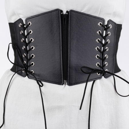 ACCESORII DAMĂ - Centura corset lata din piele ecologica cu fermoar si snururi in fata si elastic la spate