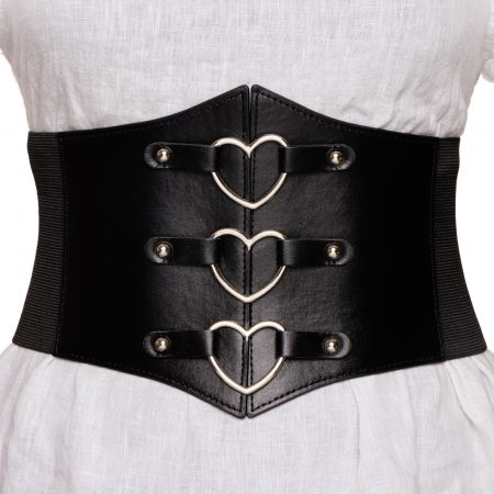 Curele & Centuri - Centura corset lata din piele ecologica cu 3 inele metalice argintii in forma de inimi si elastic la spate