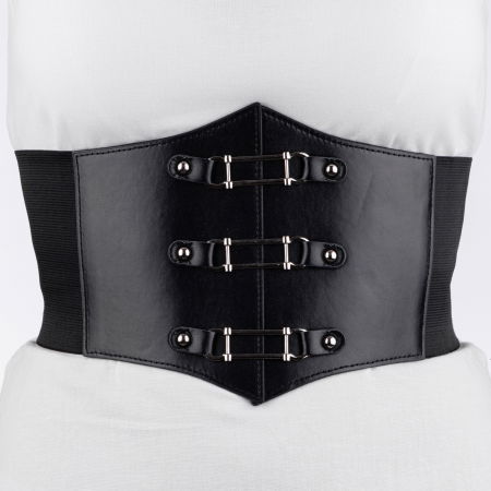 Curele & Centuri - Centura corset lata din piele ecologica cu 3 elemente metalice argintii si elastic la spate