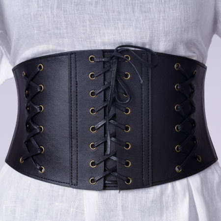 Curele & Centuri - Centura corset lata din piele ecologica cu 3 randuri de sireturi si capse metalice auriu antichizat