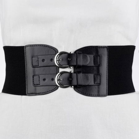 Curele & Centuri - Centura corset lata din piele ecologica cu doua catarame argintii in fata si elastic la spate