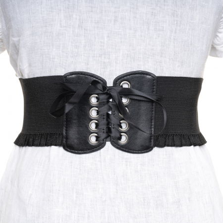 PROMOȚII - Centura lata de 10 cm din piele ecologica cu siret si capse argintii, elastic la spate