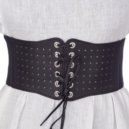 ACCESORII DAMĂ - Centura corset lata din piele ecologica neagra perforata cu siret si capse mici