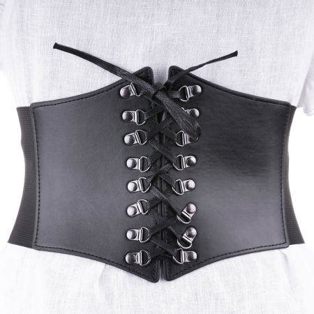 Curele & Centuri - Centura corset lata din piele ecologica cu siret si elemente metalice