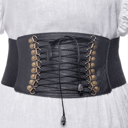 Curele & Centuri - Centura corset lata din piele ecologica cu siret si elemente metalice aurii patinate