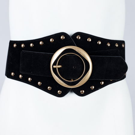 Centura corset lata din piele ecologica neagra cu catarama si tinte aurii si elastic la spate [3]